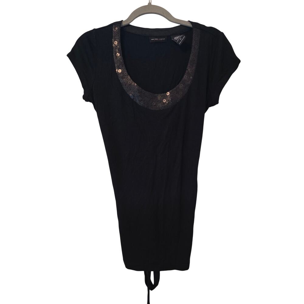 New York & Company Women’s Small Black Sequin Scoop Neck Tie Back Top Y2K